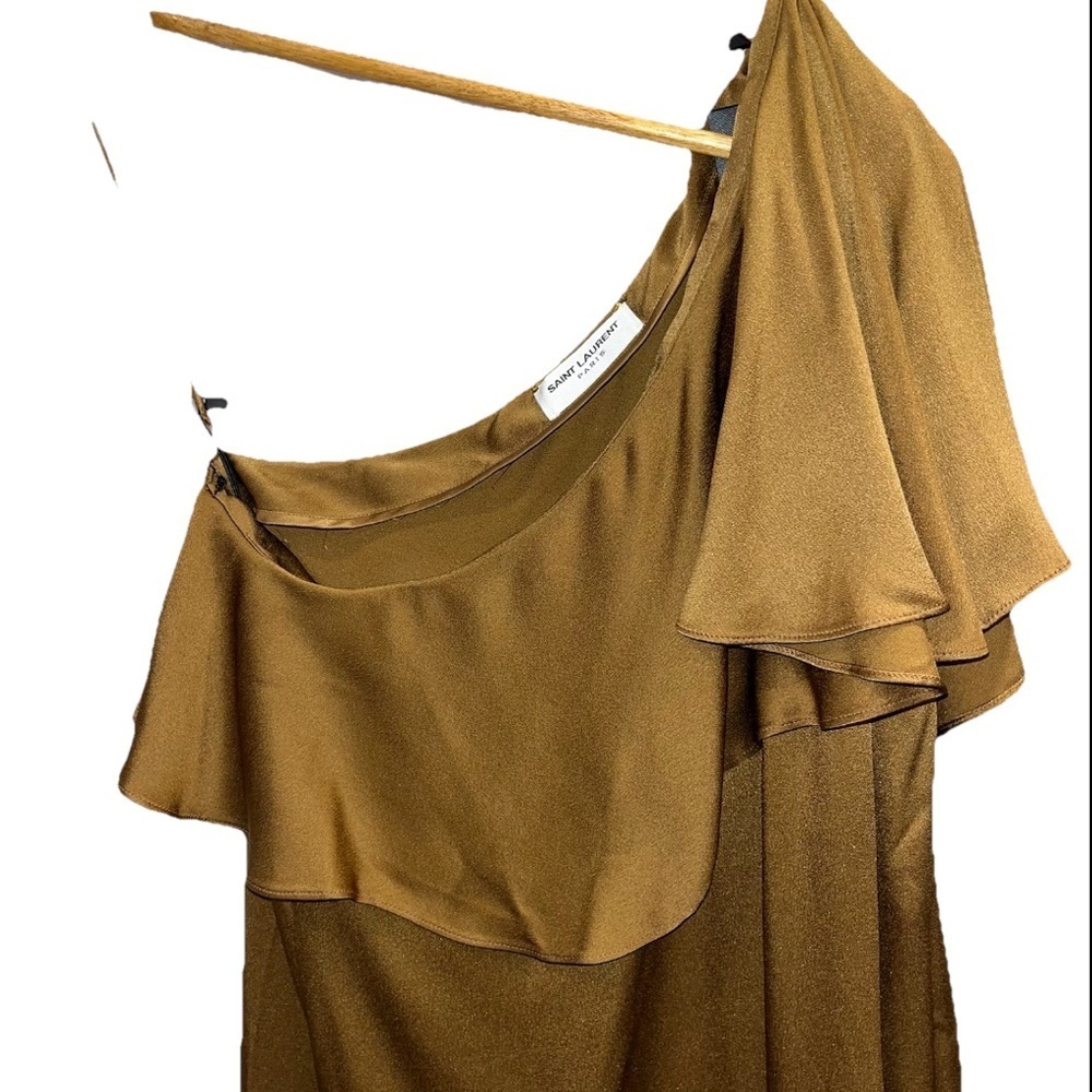 Saint Laurent Gold Satin One Shoulder Ruffle Mini Dress FR 38 US 6 NWT Cocktail - Picture 7 of 16